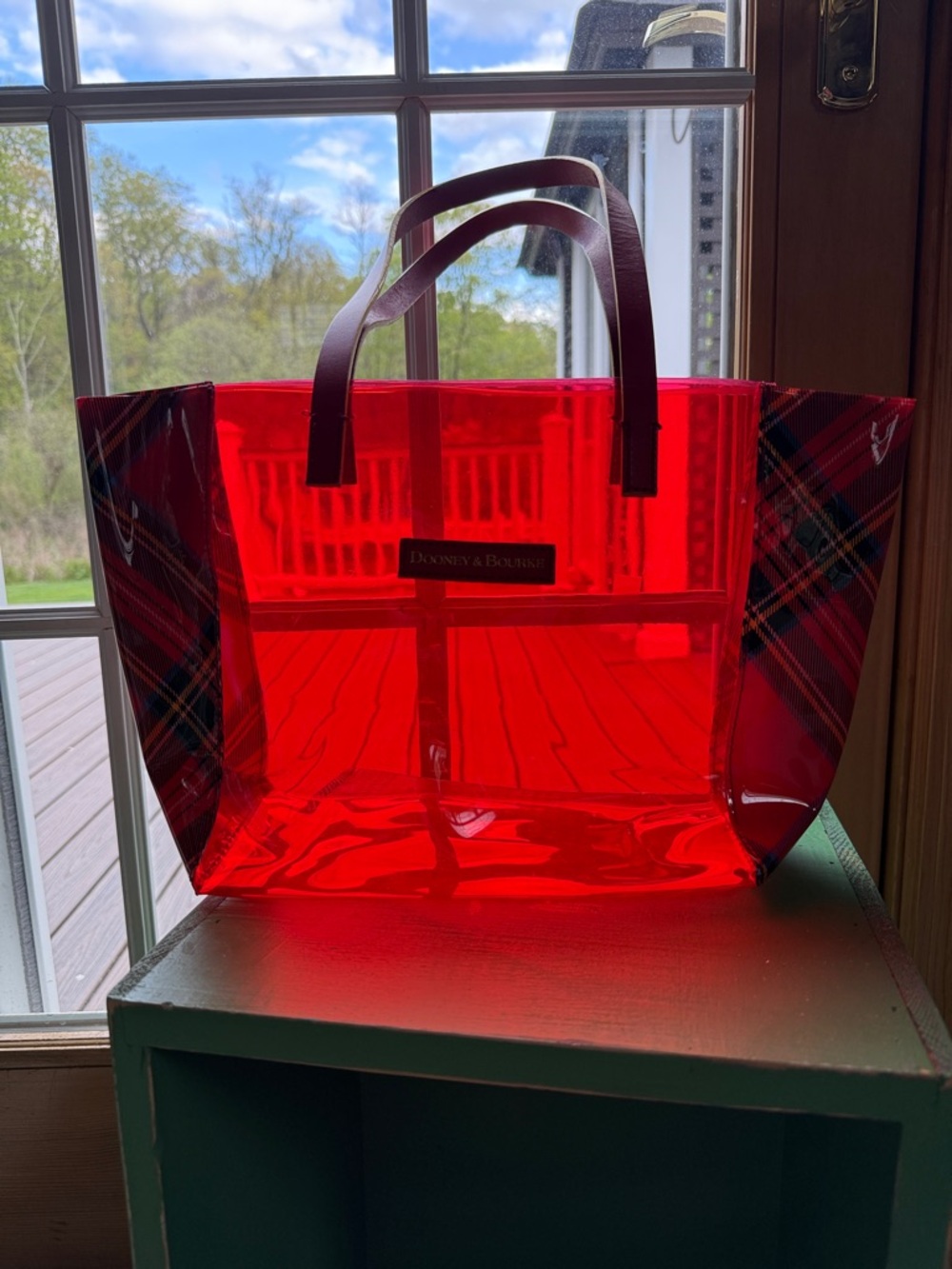 Dooney & Bourke Red Clear Tote with Plaid Side Panels